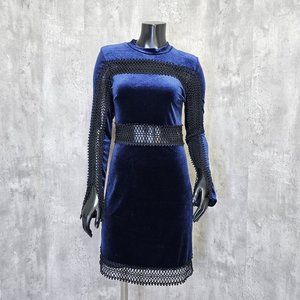 Free Generation LA Womens M Blue Velvet & Black Peekaboo L/S Mockneck Mini Dress